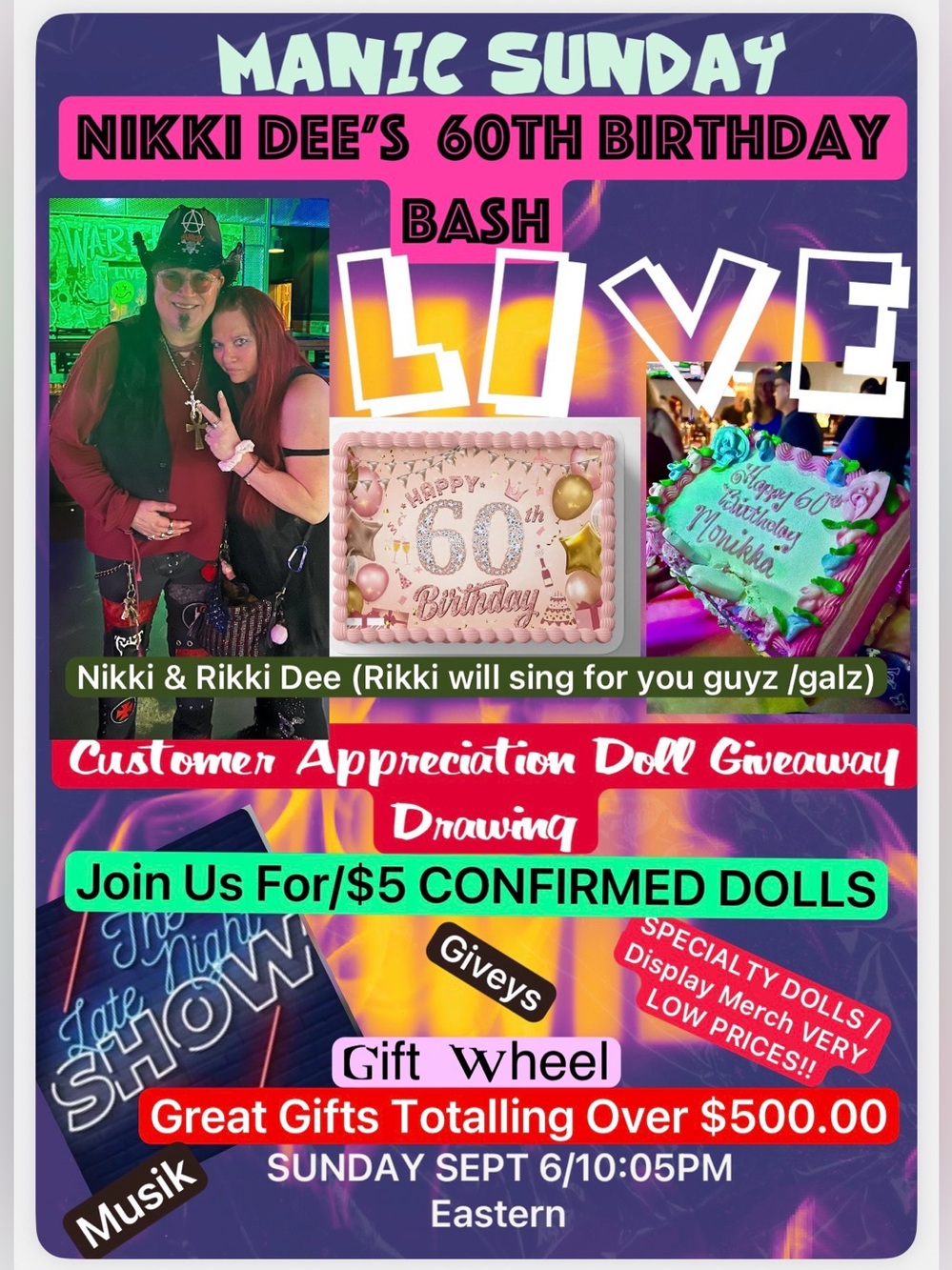 NIKKI DEES 60TH BDAY BASH/Gift Wheel/Giveys/Games/Surprises/$5 Dolls/Doll Draw